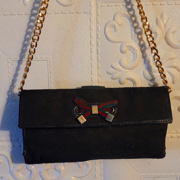 GUCCI Monogram PRINCY Vintage Web Bow Wallet in Black With Chain AUTHENT… - Picture 1 of 14